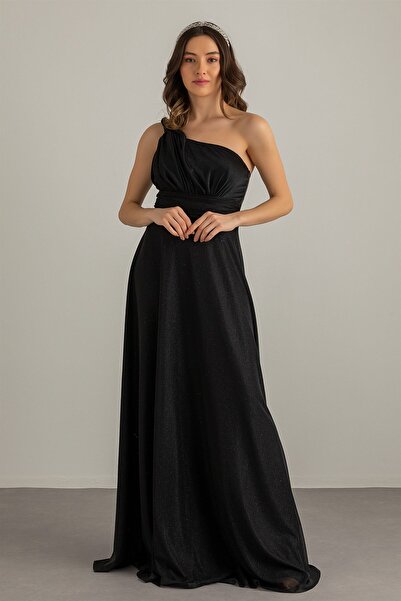 vuvutasarım Astarlı Simli Kumaş Tek Omuz Asimetrik Yaka Maxi Boy Siyah Mezuniyet Elbisesi Nişan Elbisesi 38995