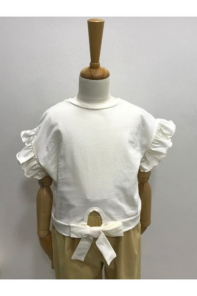 Çikoby Girl's Sleeve Ruffled Waist Bow Detail T-Shirt