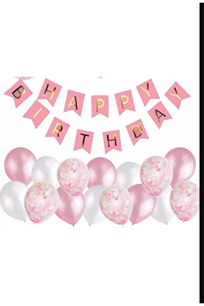 PartAntalya Pembe Gold Varaklı Happy Bırthday Banner Yazı Pembe -Beyaz Balonl...