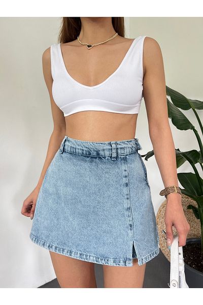Fav Style Mini pantaloni scurti de damă din blugi cu buzunar dublu în spate Fustă Albastru