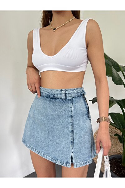 Fav Style Kadın Denim Arkası Çift Cepli Mini Şort Etek Mavi