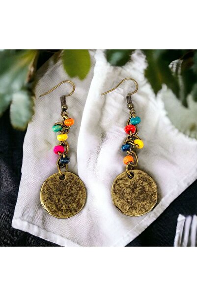 LeylanTakı Women's Bohemian Antique Yellow Metal Dangle Handmade Earrings