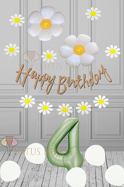 LOTUS PARTY 4 Year Old Birthday Party Set - Green Number Foil Balloon, Daisy Banner