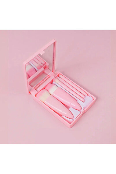 ROWENAROSE Profesyonel Taşınabilir Aynalı Makyaj Fırça Seti 5'Li Açık Pembe