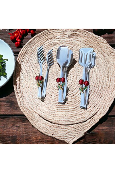 Gerçektrend Kiraz Aksesuarlı Makarna Pasta  Sunum Servis Maşası Seti 3 Parça