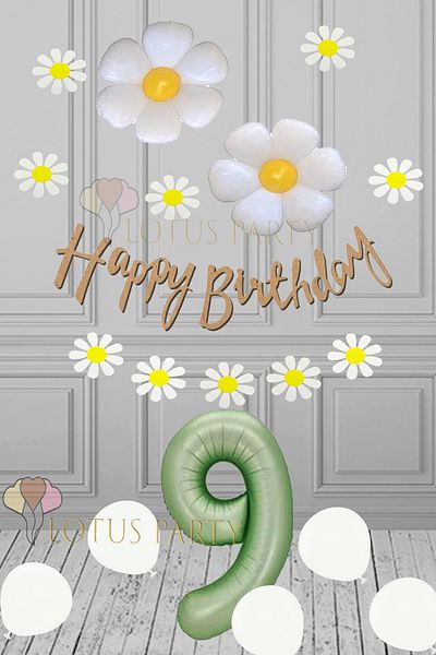 LOTUS PARTY 9 Year Old Birthday Party Set - Green Number Foil Balloon, Daisy Banner
