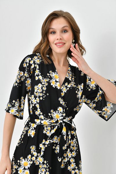 WOMAN VISION Rochie de damă din țesătură elastică din viscoză, cu imprimeu cu margarete, cu fantă laterală, cu lungime midi 098
