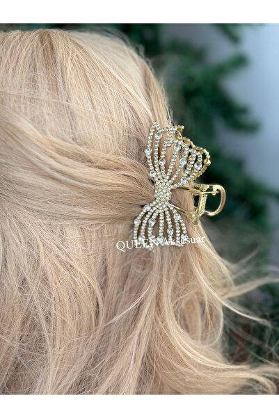 QUEEN AKSESUAR Imported luxury trend metal crystal stone large bow ribbon pattern clothespin clip buckle gold gold
