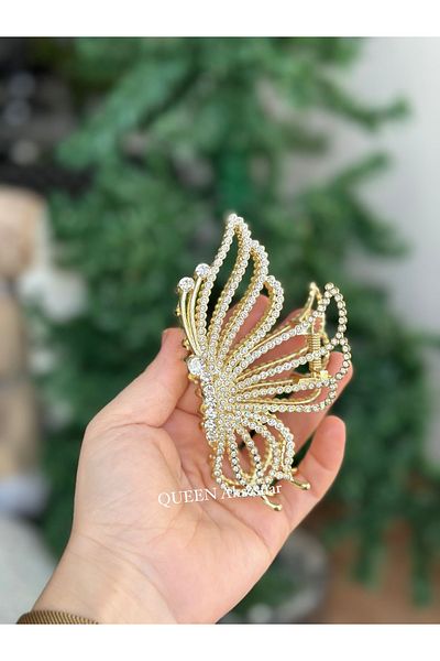 QUEEN AKSESUAR Imported luxury trend metal crystal stone large butterfly pattern clothespin clip buckle gold gold