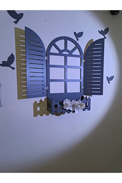 NED MDF LAZER DEKARASYON ANTRASİT GRİ PANJUR KUŞLU PENCERE TEMALI ÇİÇEKLİK AHŞAP MDF LAZER KESİM 3MM DUVAR SÜSÜ