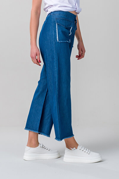 Bold & Young Women's indigo Color Flap Pocket Filthy Stitching Wide Leg Elastic Waist Thin Jeans