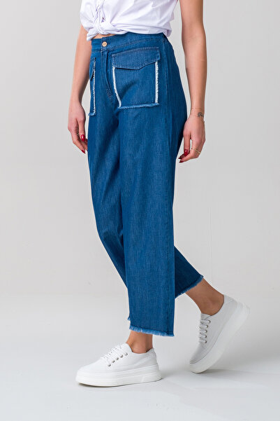 Bold & Young Women's indigo Color Flap Pocket Filthy Stitching Wide Leg Elastic Waist Thin Jeans