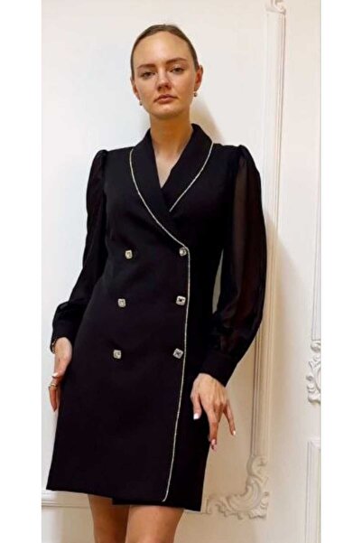 PRETO Kadın Ceket Elbise Kol Şifon Düğme Taşlı