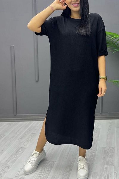 Ded COLLECTION Rochie neagră șifonată cu mânecă scurtă pentru femei