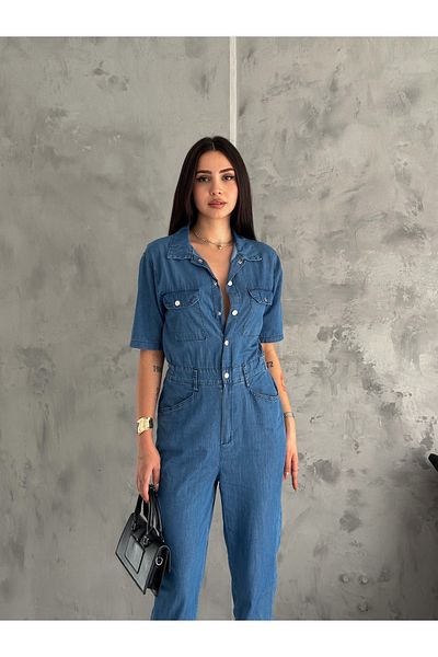 efstyle Short Sleeve Snap Mom Jeans Jumpsuit