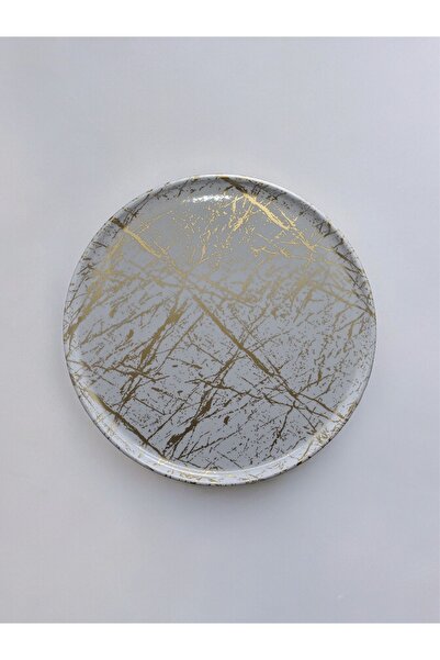 Freya YANPA TİCARET FREYA 32 CM MELAMİN YUVARLAK TEPSİ BEYAZ GOLD DAMARLI TEPSİ