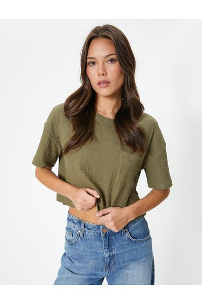 Koton Crop T-shirt με κοντό μανίκι Crew Lack Pocket Βαμβακερό