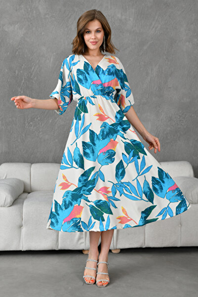 lovebox Nyomtatott duplasoros gallér, rugalmas derék, rövid denevér ujjú 120 cm-es Midi hosszúságú nyári ruha 096