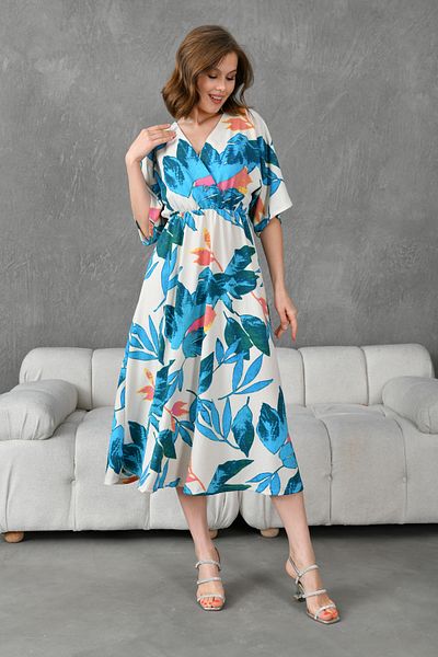 4S1B FASHION Rochie de vară cu mâneci liliac cu talie elastică, cu guler dublu, cu imprimeu, lungime midi, 096