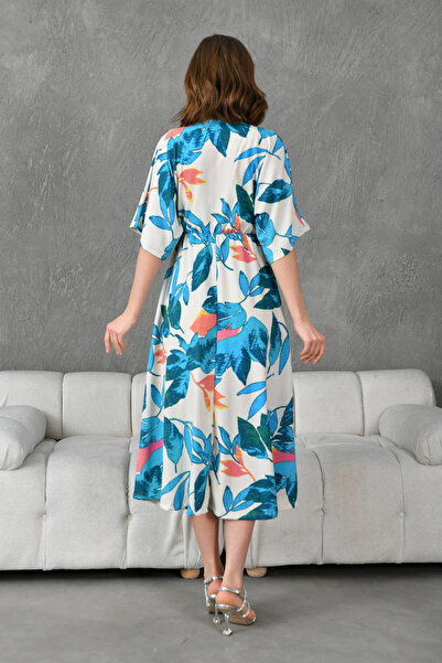 4S1B FASHION Γυναικείο εμπριμέ διπλό στήθος γιακά ελαστικό μανίκι μέσης μήκους μίντι καλοκαιρινό φόρεμα 096