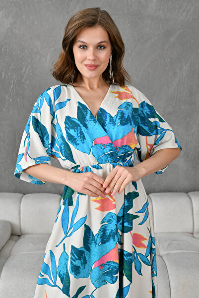 4S1B FASHION Γυναικείο εμπριμέ διπλό στήθος γιακά ελαστικό μανίκι μέσης μήκους μίντι καλοκαιρινό φόρεμα 096