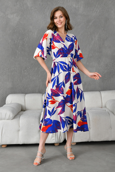 bayansepeti Γυναικείο Ανοιξιάτικο Σχέδιο Διπλό Στήθος γιακά Ελαστική Μέση Midi Μέγεθος 120 cm Εκτύπωση Καλοκαιρινό Φόρεμα 096