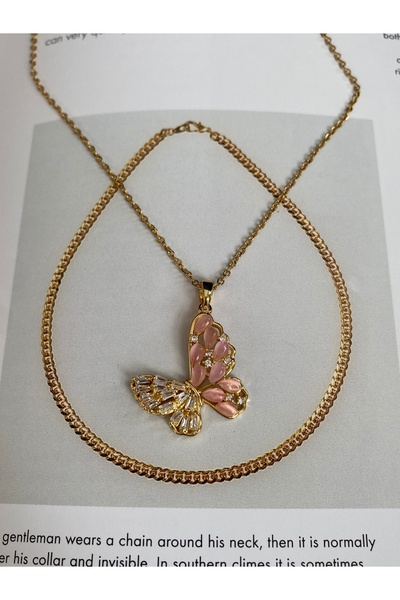 Pinery Jewels Baget Taşlı Renkli Kelebek Paslanmaz Çelik Kararmaz Kolye