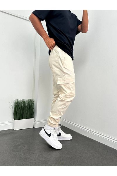 Gambocci Men's Cream Cargo Pocket Elastic Leg Jogger Pants