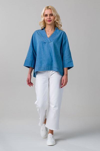 Bold & Young Bluză de damă cu guler cămașă, albastru indigo, subțire, din stofă denim, cu manșete