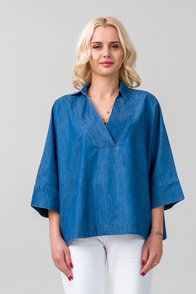 Bold & Young Bluză de damă cu guler cămașă, albastru indigo, subțire, din stofă denim, cu manșete