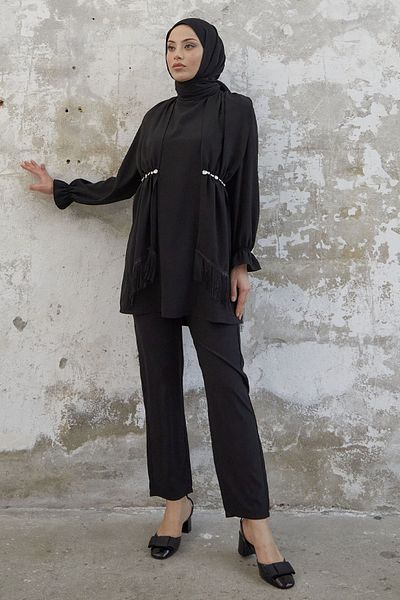 InStyle Φούντα Λεπτομέρεια Jeweled Crepe Set - Μαύρο
