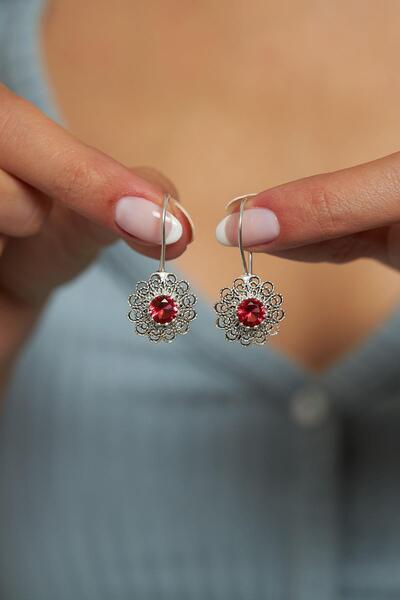 Erdobia Ocak Lal Doğum Taşı Çiçek Motifli Telkari Gümüş Küpe