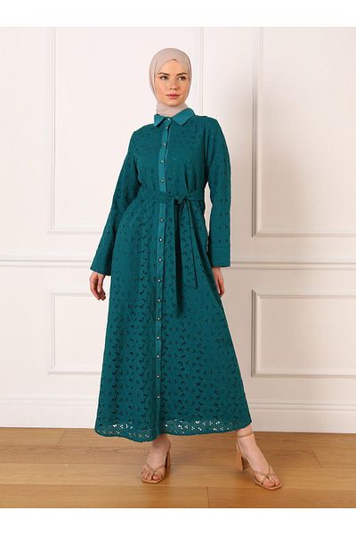 Refka Fisto Fabric Buttoned Hijab Dress - Petrol - Refka