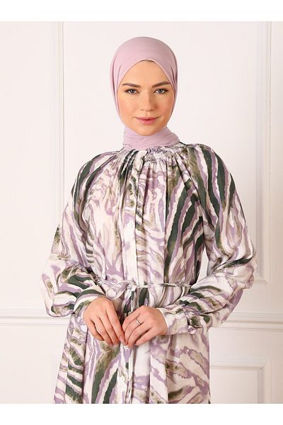 Refka Zebra Patterned Hijab Dress with Gipe Detail on the Collar - Lilac - Refka