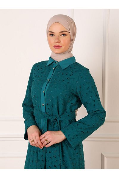 Refka Fisto Fabric Buttoned Hijab Dress - Petrol - Refka