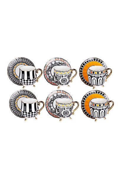 Lucky Art Margery Bone - Set of 6 Baroque Patterned Porcelain Coffee Cups