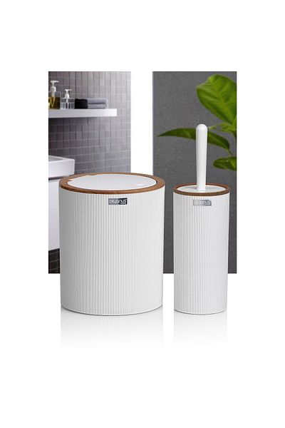 Okyanus Home Set of 2 Round Wooden Patterned Striped Bathroom Accessories - White