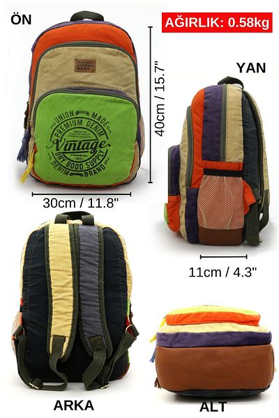 Old Cotton 5017 Neon Green Beige Backpack School Travel 15,6 ιντσών Laptop Daily Notebook Βαμβακερή υφασμάτινη τσάντα