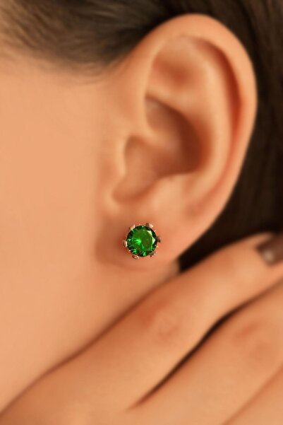 Erdobia Mayıs Zümrüt Doğum Taşı Rose Tektaş Çivili Gümüş Küpe