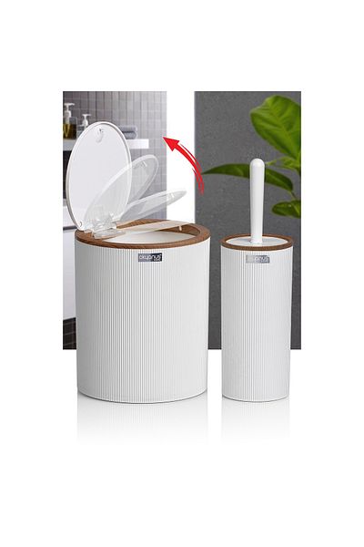 Okyanus Home Set of 2 Round Wooden Patterned Striped Bathroom Accessories - White