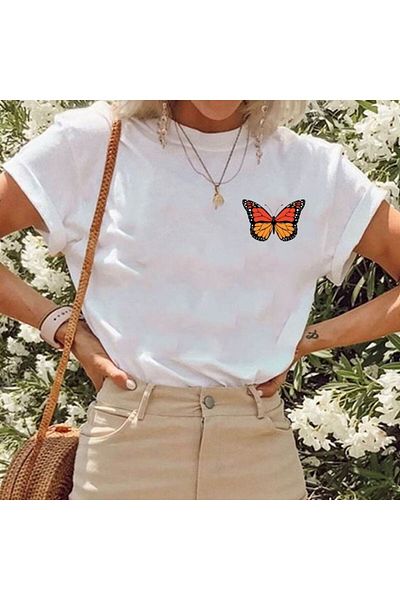 aynewmoda White Oversize Cotton Combed T-Shirt - Butterfly Printed