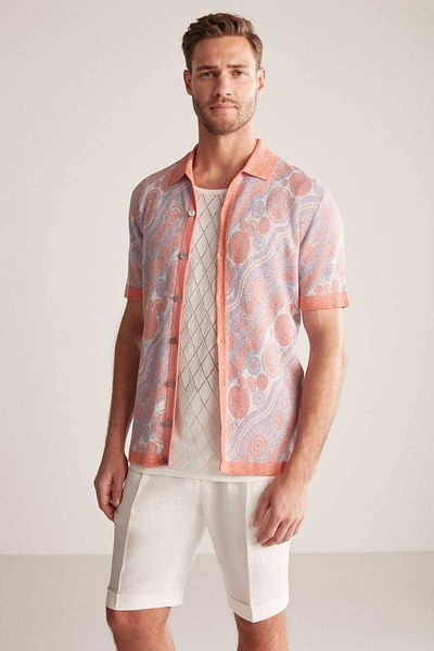 Hemington Linen Blend Button Detail Orange-White Short Sleeve Shirt