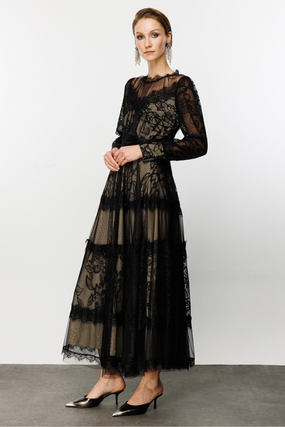 Nefeli Siyah Dantelli Maxi Boy Elbise