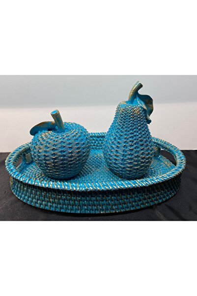 Peramari Dekoratif Polyester Üçlü Elma-Armut-Tepsi Set Turkuaz Gold Eskitme