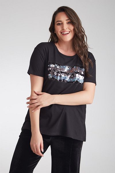 Seamoda Tricou negru cu broderie de paiete pe față