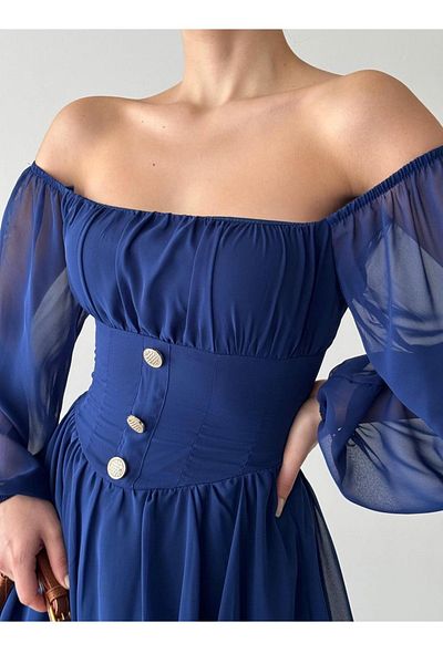 WOMAN VISION Rochie mini evazată cu mânecă lungă pentru femei, din țesătură din șifon, cu guler fără bretele, cu mânecă lungă, 089