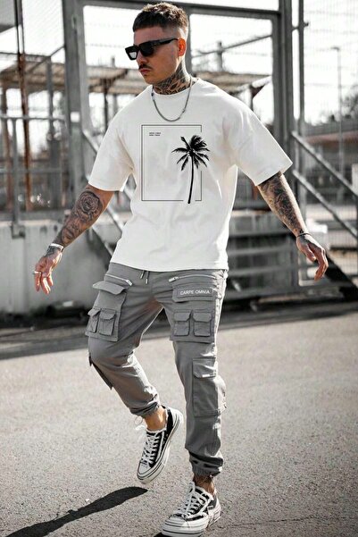 MODAGEN Чоловіча біла футболка з принтом на долоні з великим вирізом з екіпажем