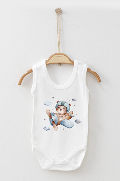 ADABEBEK Cloud Detailed Airplane Tedy Bear Printed Strap Snap-On Bodysuit
