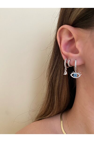 Okkostore Kadın Silver Renkli Göz Detaylı 3'lü Küpe Seti