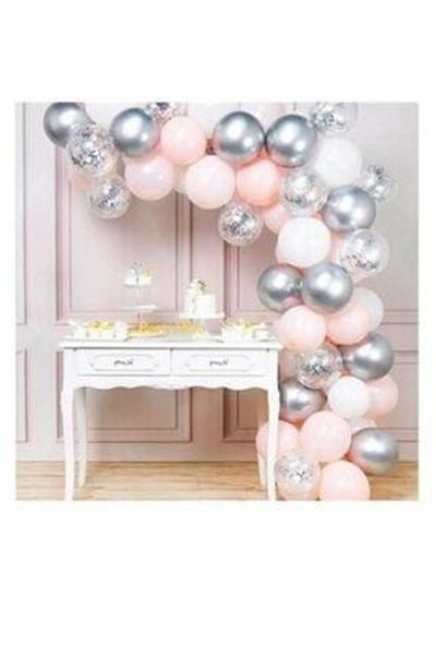 MERİ PARTİ Pink White Silver Chrome Confetti Balloon Chain Set 5 Meters